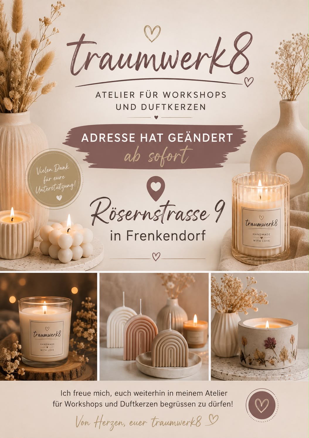 Plakat mit Hinweis auf die neue Adresse des Ateliers von Traumwerk 8: Rösernstrasse9, 4402 Frenkendorf